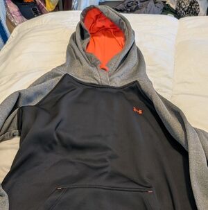 Under Armour Charcoal and Black Hoodie with Vibrant Orange Interior: Women's M